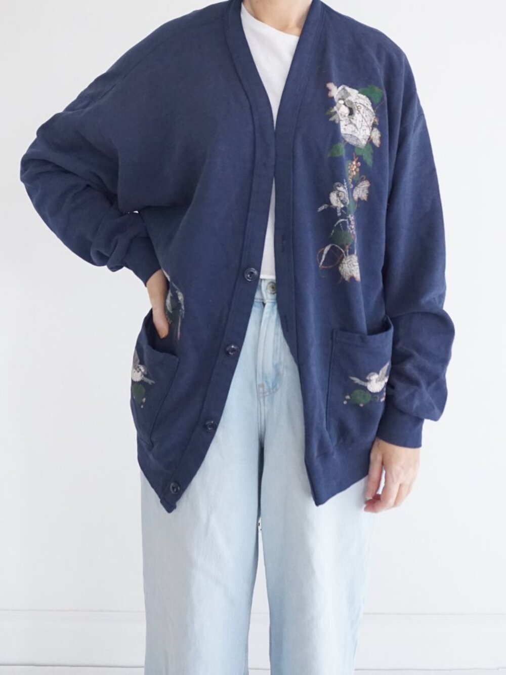 Vintage Jerzees Navy Bird Floral Embroidered Cottagecore Button Cardigan OSFM